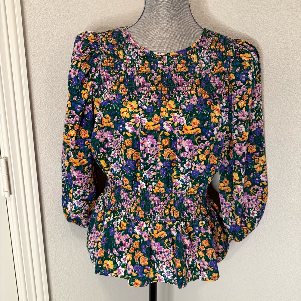 Pleione Multicolor Floral Smocked Blouse | M